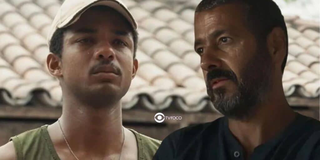 João Pedro (Juan Paiva) e José Inocêncio (Marcos Palmeira) em Renascer (Foto: Reprodução / Globo / Montagem TV Foco)