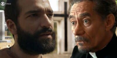 José Inocêncio (Humberto Carrão) e padre Santo (Chico Diaz) em Renascer (Foto: Reprodução / Globo / Montagem TV Foco)