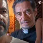 José Inocêncio (Marcos Palmeira), Padre Santo (Chico Diaz) e Eliana (Sophie Charlotte) em Renascer (Foto: Reprodução / Globo / Montagem TV Foco)