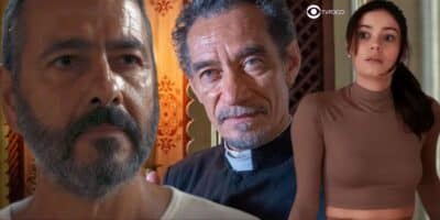 José Inocêncio (Marcos Palmeira), Padre Santo (Chico Diaz) e Eliana (Sophie Charlotte) em Renascer (Foto: Reprodução / Globo / Montagem TV Foco)