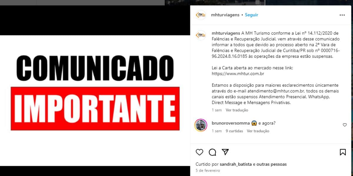 Comunicado da recuperação judicial da MH Turismo (Reprodução: Instagram)