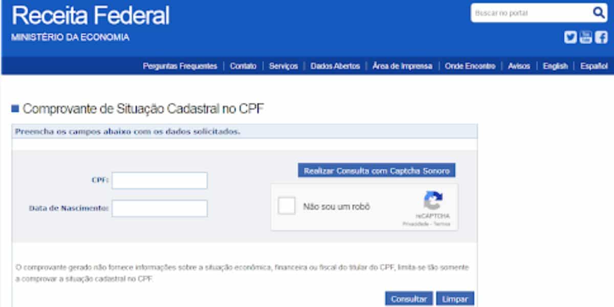 Site oficial da Receita Federal para realizar a consulta (Reprodução: Internet)