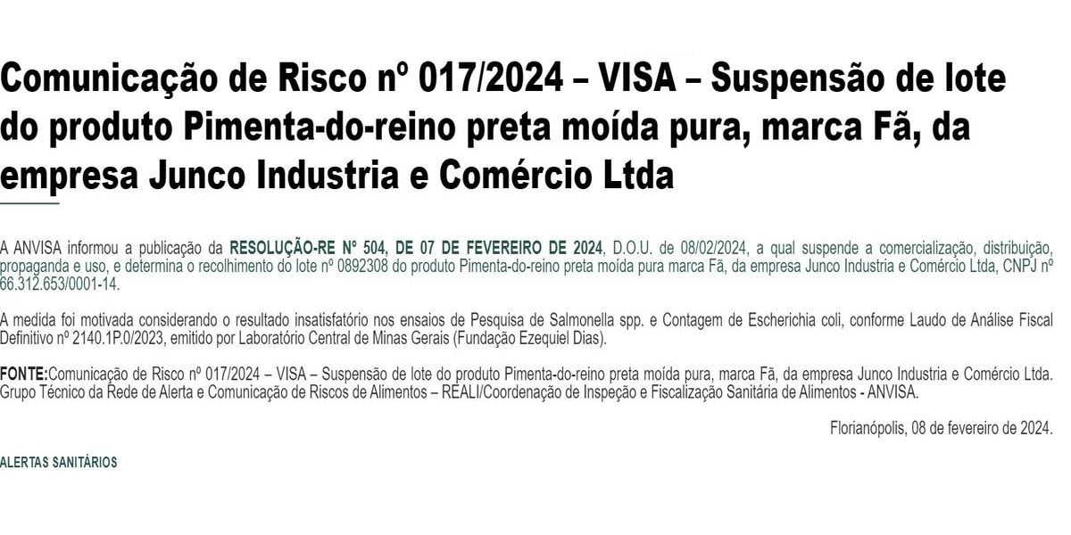 Comunicado oficial da ANVISA (Foto Reprodução/Internet)