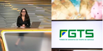 Ana Luiza Guimarães no Bom Dia Brasil, notas de dinheiro e aplicativo do FGTS (Fotos: Reproduções  / Globo / Internet)