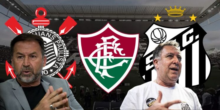 Augusto Melo, Teixeira e escudos do Corinthians, Santos e Fluminense (Foto - Montagem TV Foco).