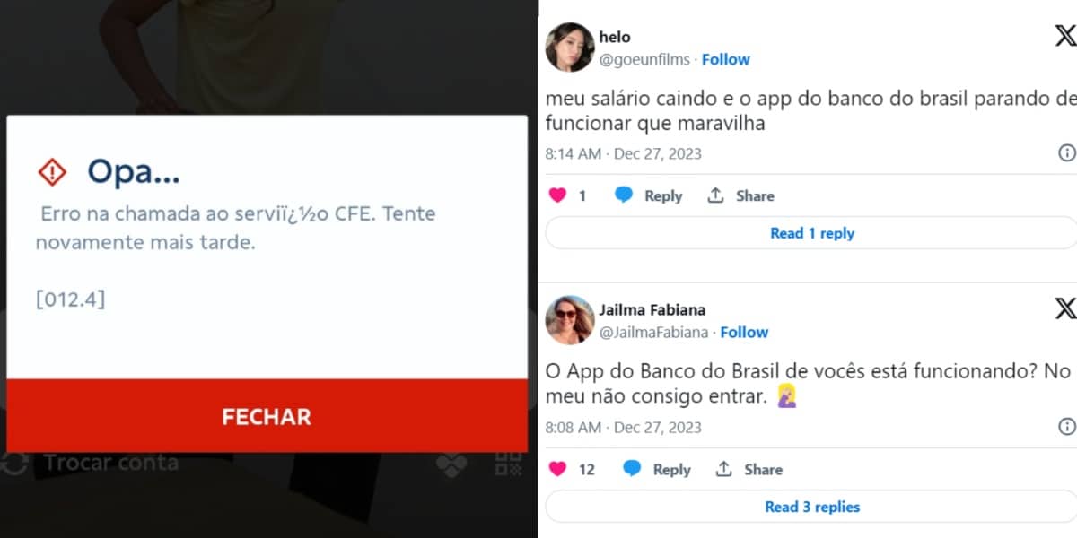 Aviso do Banco do Brasil e algumas queixas de clientes no X (Foto: Reprodução/ Internet)