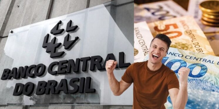 Banco Central, homem comemorando e notas de dinheiro (Fotos: Reproduções / Internet / Freepik)