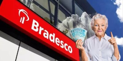 Bradesco e senhora com notas de cem reais (Fotos: Reproduções / Freepik / Internet / Montagem)