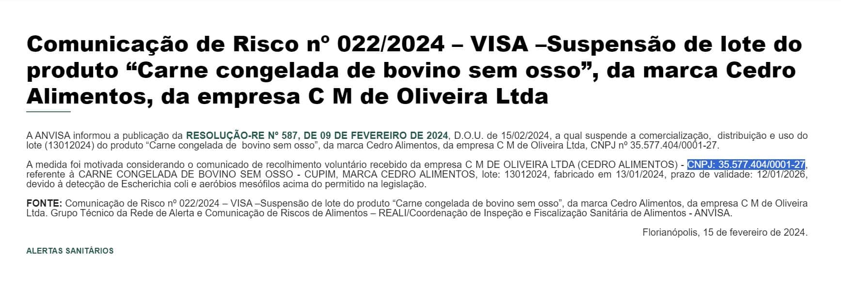 Comunicado da Anvisa contra a marca de carne da Cedro Alimentos (Foto Reprodução/ANVISA)