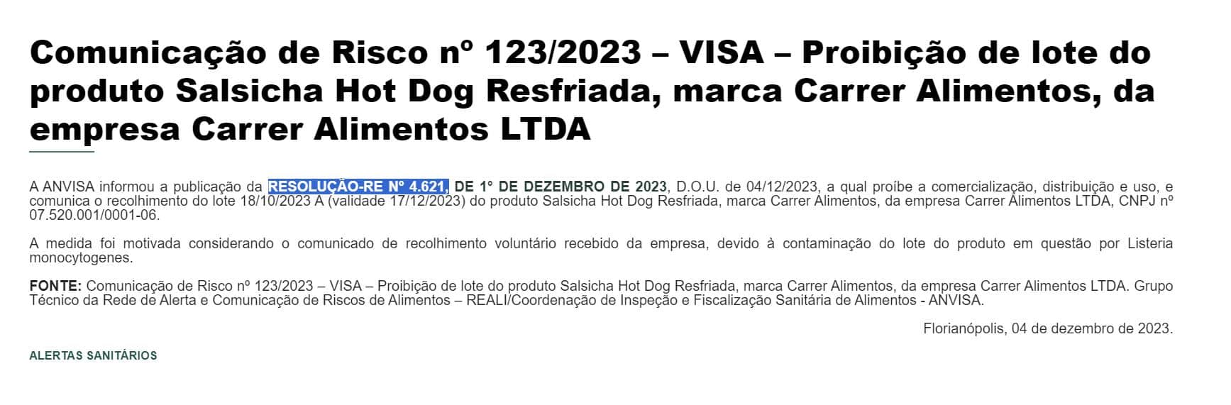 Comunicado da Anvisa contra a marca de salsicha da Carrer Alimentos (Foto Reprodução/ANVISA)