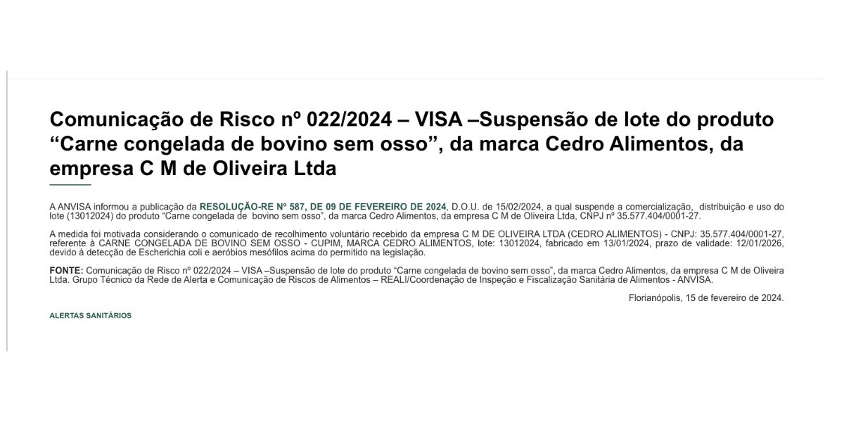 Comunicado sobre lote do produto carne congelada de bovino sem osso, Credo Alimentos (Foto: Reprodução / Anvisa)