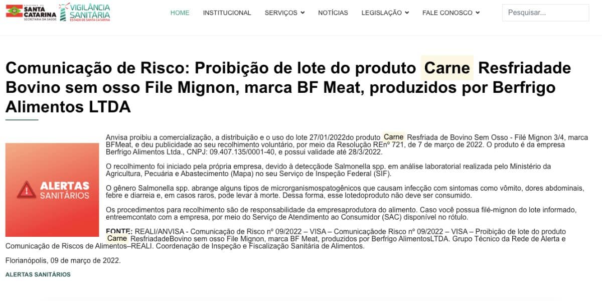 Comunicado sobre produto da marca BF Meat (Foto: Reprodução / site) 