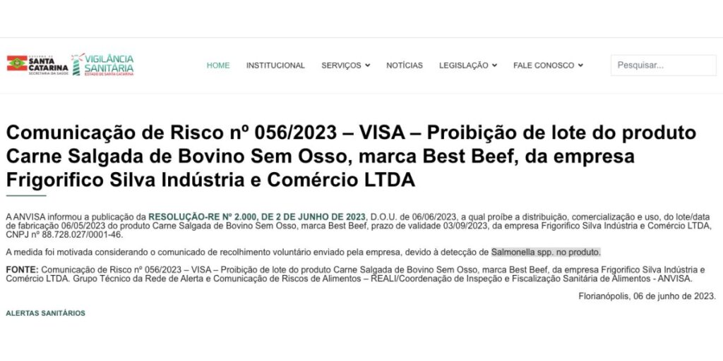 Comunicado sobre produto da marca Best Beef (Foto: Reprodução / site)