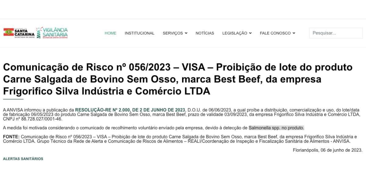 Comunicado sobre produto da marca Best Beef (Foto: Reprodução / site) 