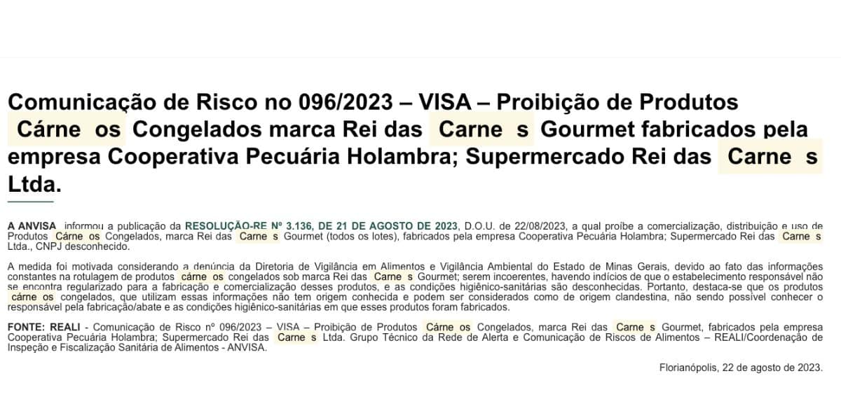 Nota sobre produto da marca Rei das Carnes Gourmet(Foto: Reprodução / site) 