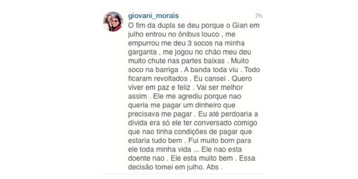 Desabafo de Giovani (Foto: Reprodução / Instagram / Extra) 