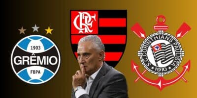 Escudos de Flamengo, Grêmio e Corinthians (Foto - Montagem TV Foco).