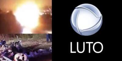 Explosão, destroços de avião e logo da Record com luto (Fotos: Reproduções / SafetyVid / Policia Metropolitana / Internet)