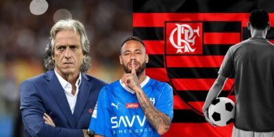 Jorge Jesus com Neymar e jogador do Flamengo - Foto Reprodução Internet