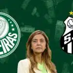 Leila Pereira e escudos do Palmeiras e Santos (Foto - Montagem TV Foco).