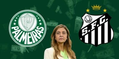 Leila Pereira e escudos do Palmeiras e Santos (Foto - Montagem TV Foco).