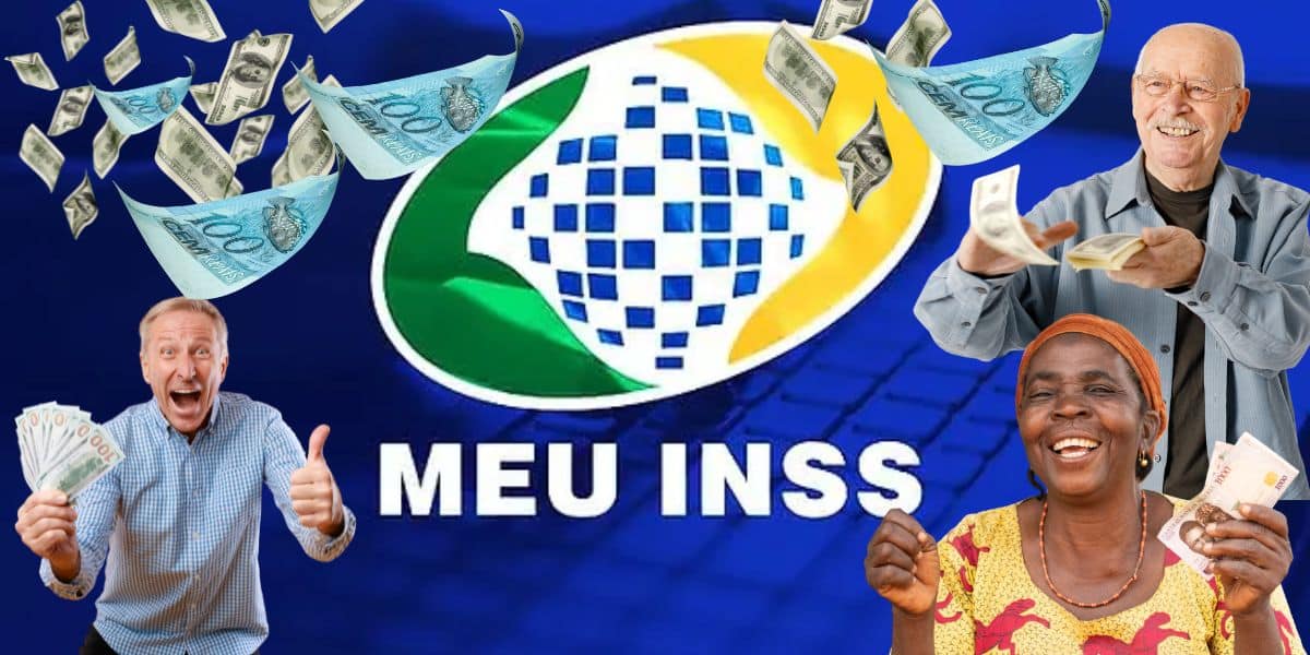 Logo do INSS e idosos com dinheiro - Montagem TVFOCO