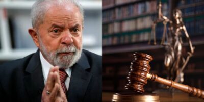 Lula, martelo de juiz, deusa Thêmis e a balança da justiça (Fotos: Reproduções / : Amanda Perobelli/Reuters / Canva)