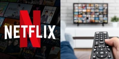 Netflix e pessoa com controle na mão (Fotos: Reproduções / Internet / Canva)