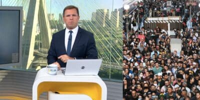 Rodrigo Bocardi no Bom Dia São Paulo e passageiros no metrô (Fotos: Reproduções / Globo / Roberto Costa/ Estadão / Montagem)