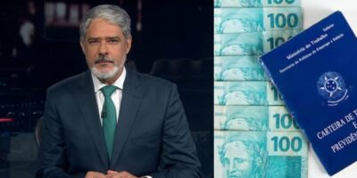 William Bonner no Jornal Nacional, notas de cem reais e carteira de trabalho (Fotos: Reproduções / Globo / Freepik / Montagem)