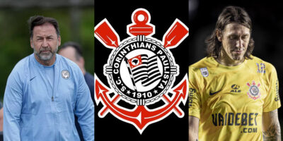 Augusto Melo, Cássio e escudo do Corinthians (Foto: Montagem TV Foco)