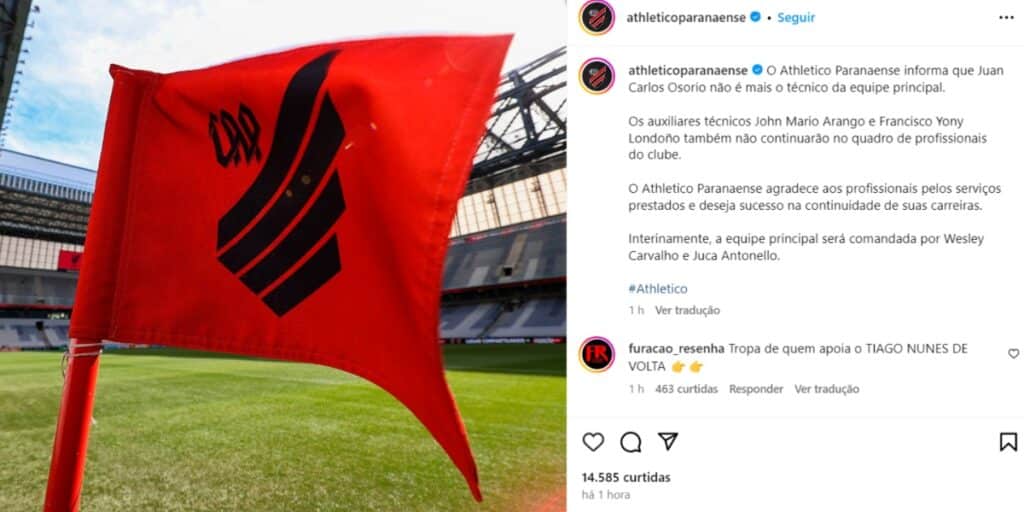 Perfil do Athletico-PR anuncia demissão do técnico Osorio - (Foto: Reprodução / Instagram)