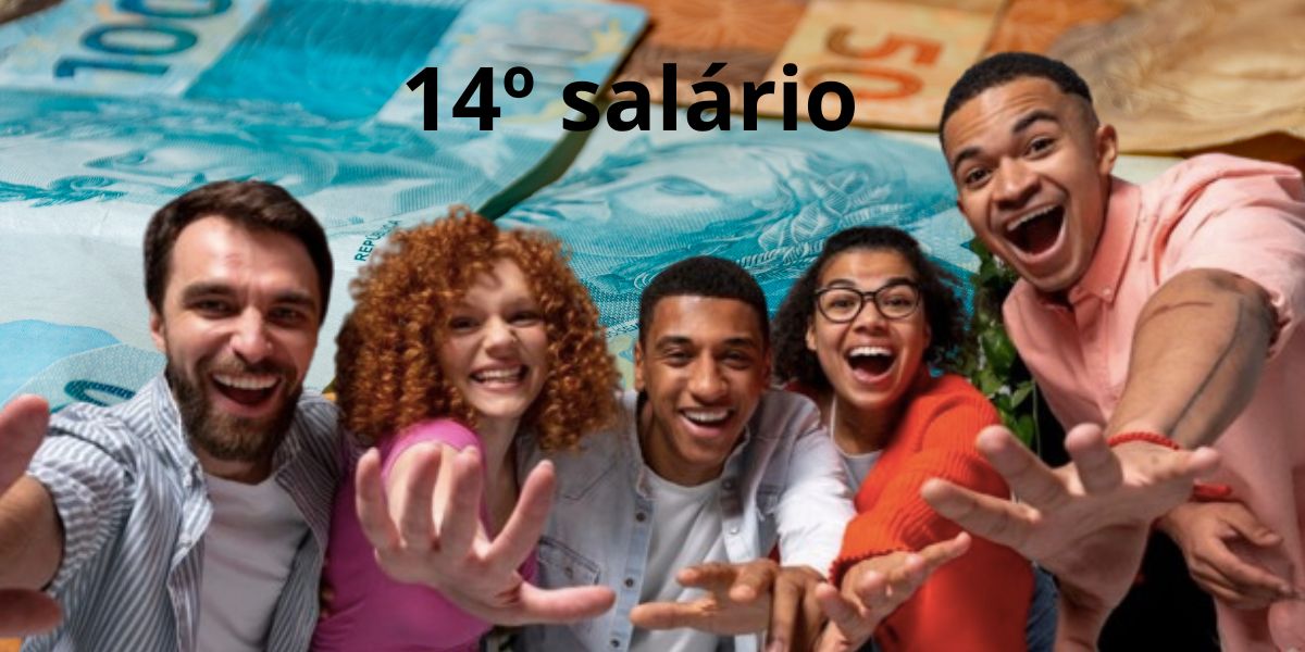 14º salário, notas de dinheiro e pessoas comemorando (Fotos: Reproduções / Canva / Freepik)