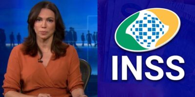 Ana Paula Araújo no Jornal Nacional e logo do INSS (Fotos: Reproduções / Globo / Internet)