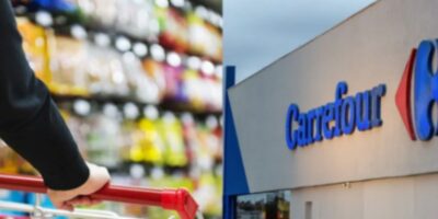 Carrinho de compras em supermercado e logo do Carrefour ao lado (Foto: Reprodução/ Internet)