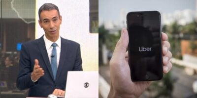 César Tralli no Jornal Hoje e pessoa segurando celular com aplicativo da Uber (Fotos: Reproduções / Globo / Divulgação)