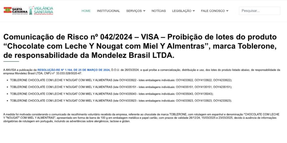 Comunicado Anvisa sobre lotes do Toblerone (Foto: Reprodução / site oficial) 