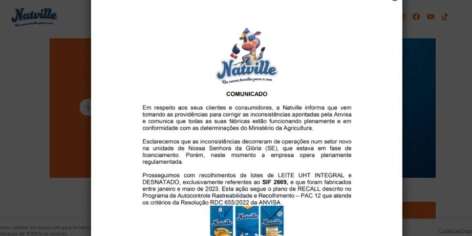 Comunicado da Natville oficial sobre o ocorrido (Foto Reprodução/Natville)