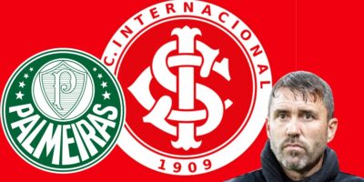 Coudet e escudos do Internacional e do Palmeiras (Foto - Montagem TV foco).