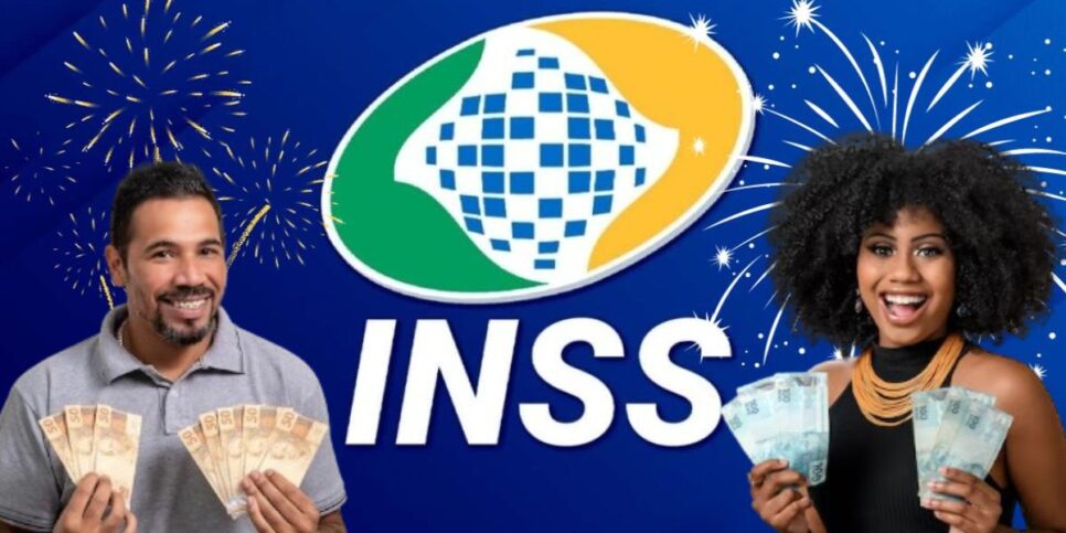 Fogos de artifício, logo do INSS e homem e mulher segurando notas de dinheiro (Fotos: Reproduções / Freepik / Internet)