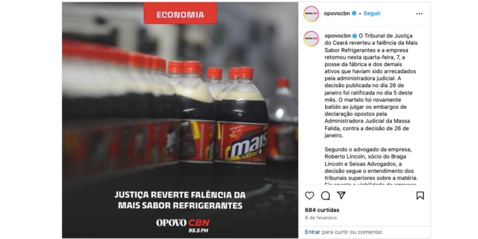 Publicação sobre refrigerantes Mais Sabor (Foto: Reprodução / Instagram)