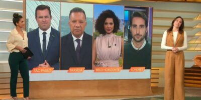 Carol Barcellos, Rodrigo Bocardi, Heraldo Pereira, Aline Aguiar, Murilo Salviano e Ana Paula Araújo no Bom Dia Brasil (Foto: Reprodução / Globo)