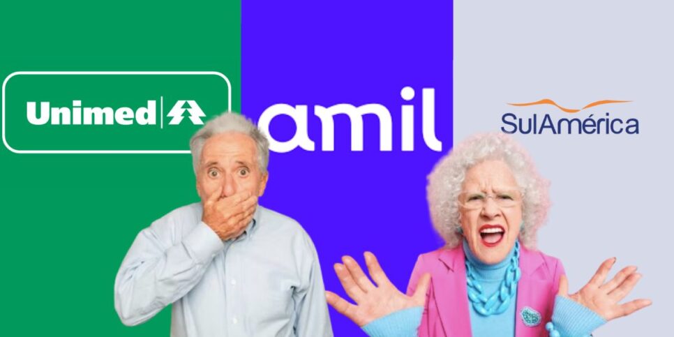 Logo Unimed, Amil, SulAmérica e idosos chocados (Fotos: Reproduções / Internet / Freepik / Montagem)