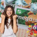 Mega-Sena, notas de cem reais, mulher comemorando, moedas e bolas (Fotos: Reproduções / Internet / Freepik)