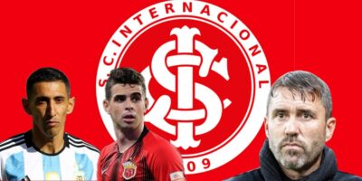 Oscar, Di María, Coudet e escudos do Internacional (Foto - Montagem TV foco).