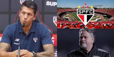 Carpini, Casares e escudo do São Paulo - Montagem TV Foco