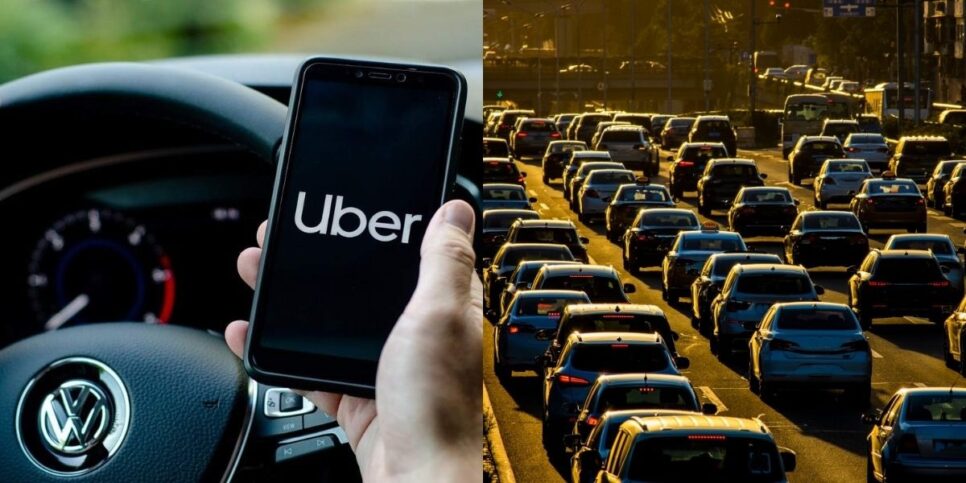 Aplicativo do uber ao lado de carros em estrada (Foto: Reprodução/ Internet)