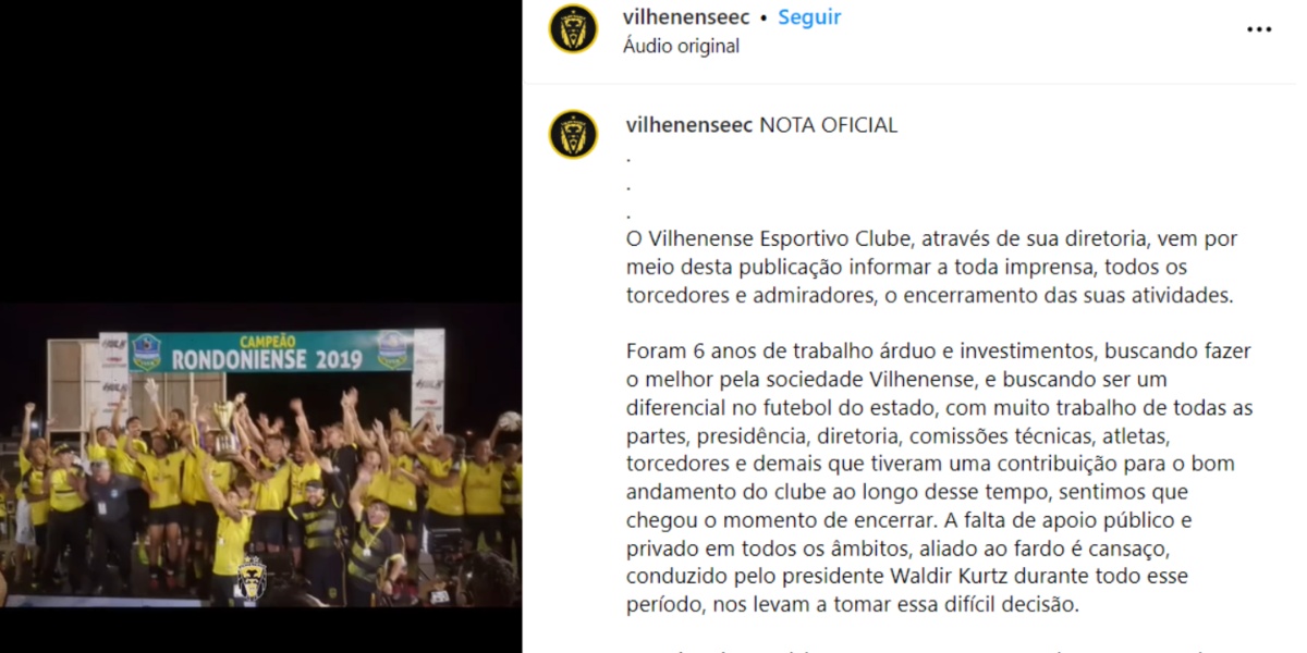 Vilhenense anunciou encerramento do time no mundo futebolístico - (Foto: Reprodução / Internet)