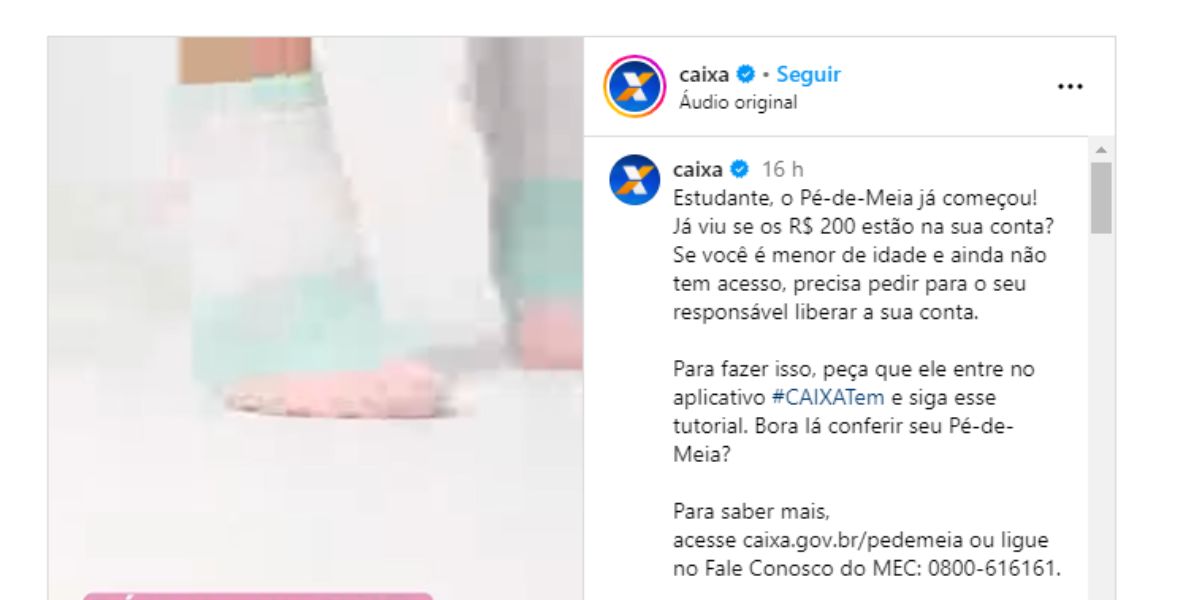 Comunicado da Caixa sobre o Pé-de-Meia (Reprodução: Instagram)