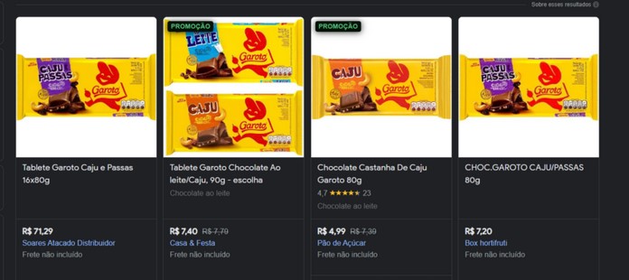 Chocolates Garoto de Caju e Passas continuam sendo vendidos normalmente no mercado (Foto: Reprodução / Google Shopping)